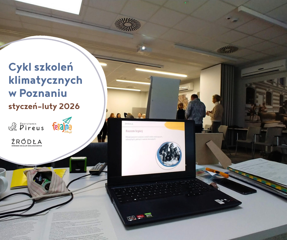 Zdjęcie sali szkoleniowej oraz napis Cykl szkoleń klimatycznyach w Poznaniu styczeń-luty 2026
