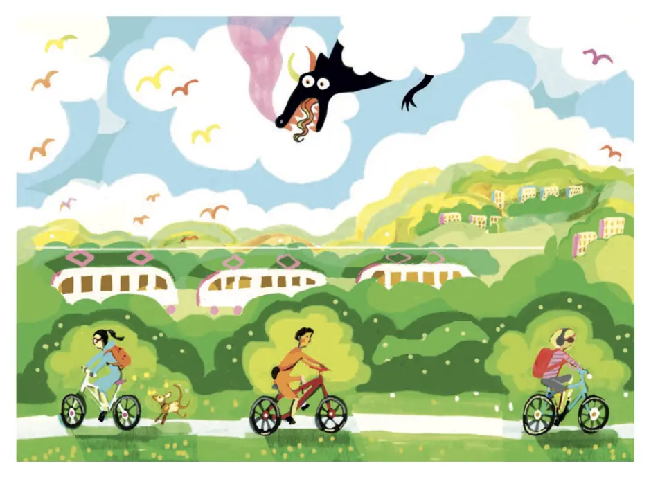 ilustracja z bajki kamishibai o czarnym smoku