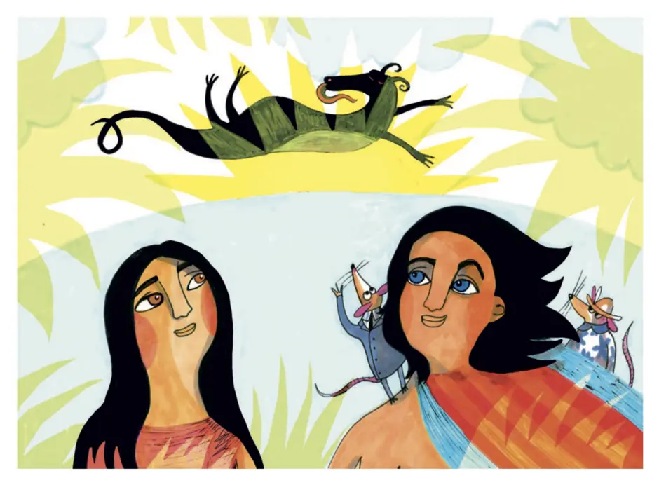 ilustracja z bajki kamishibai o czarnym smoku